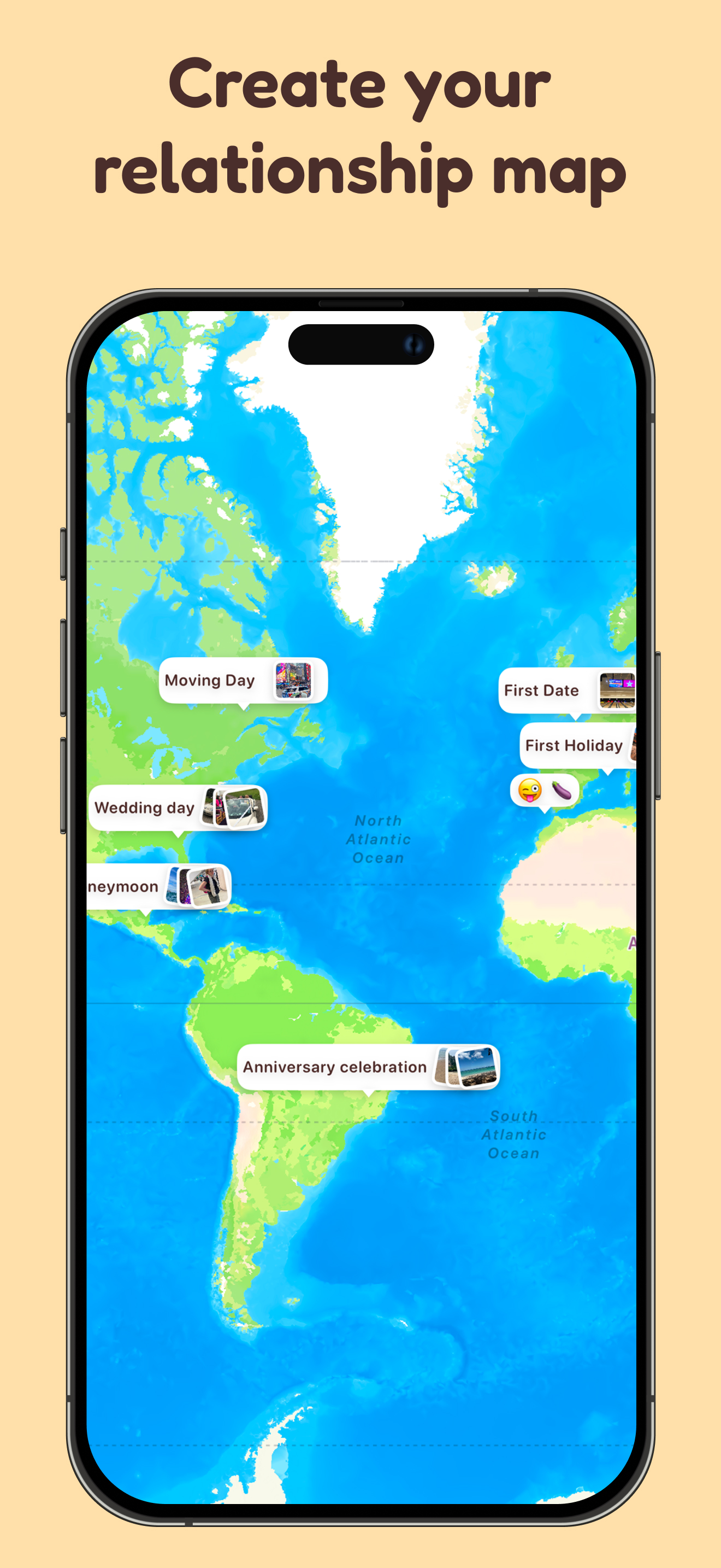 Relationship map showing pinned memories like first date, wedding, and honeymoon locations